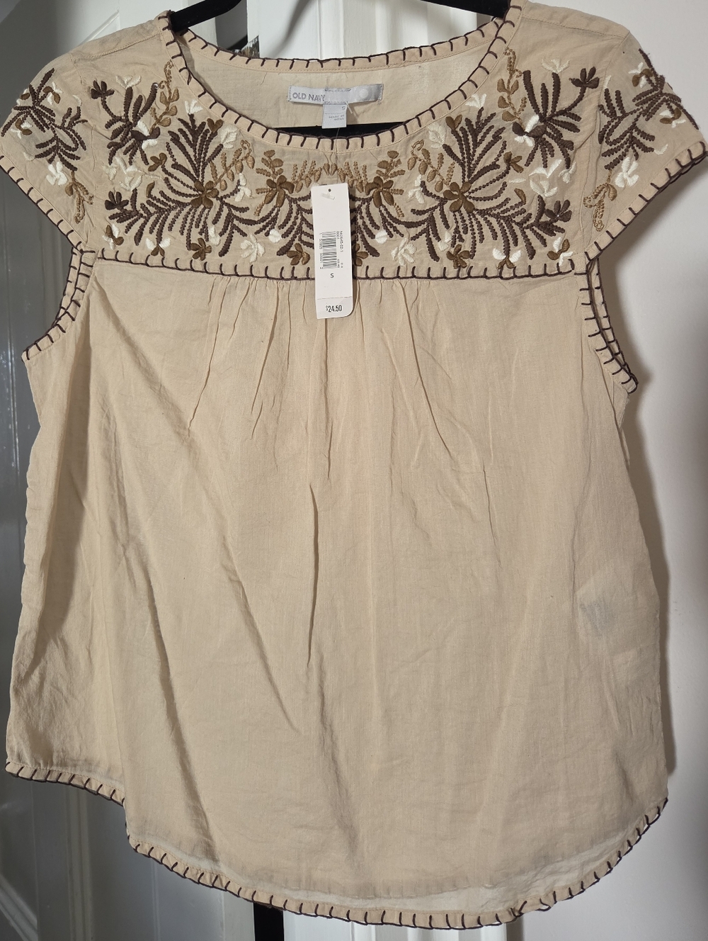 Old Navy Beige Embroidered Cap-Sleeve Women's Top New With Tags